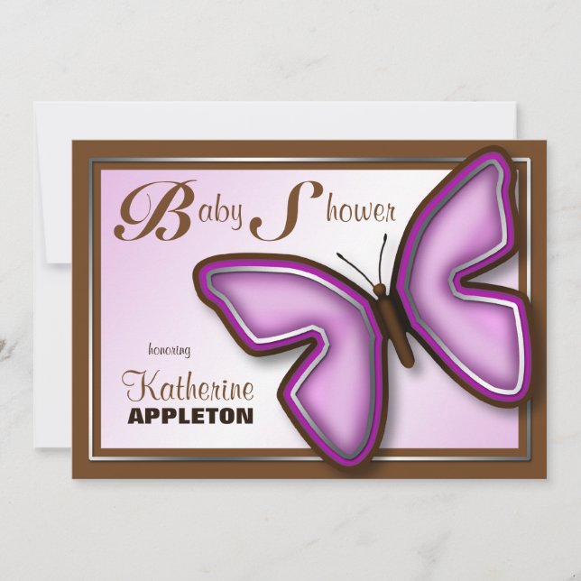 Braun & Lila Butterfly Babydusche Einladungen (Vorderseite)