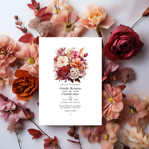 Braun, Marone und Lachs Blumen Hochzeit im Herbst Einladung