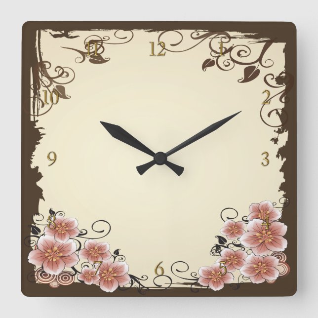 Braun Moderne Blume Quadratische Wanduhr (Vorderseite)