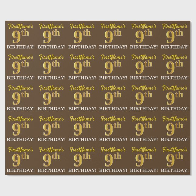 Braun, Nachahmung Gold sehen "9. GEBURTSTAG" Geschenkpapier (Flach)