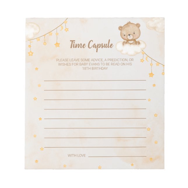 Braun Niedlich Bear Baby Shower Time Kapsel Notizblock (Vorderseite)