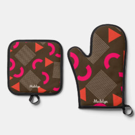 Braun Orange Geometrischer Personalisierter Name  Ofenhandschuh & Topflappen-Set