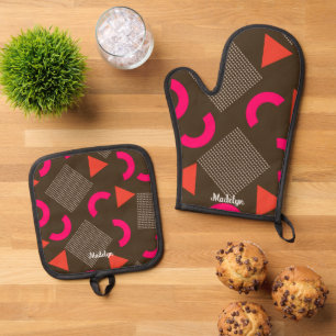 Braun Orange Geometrischer Personalisierter Name Ofenhandschuh & Topflappen-Set