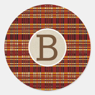 Braun & Orange Karo Kraft Rustikale Monogramm-Init Runder Aufkleber