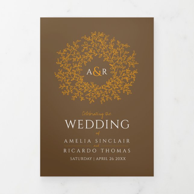 Braun-orange-Monogramm-Geschichte Widmung Hochzeit Dreifach-gefaltete Programmkarte (Cover)