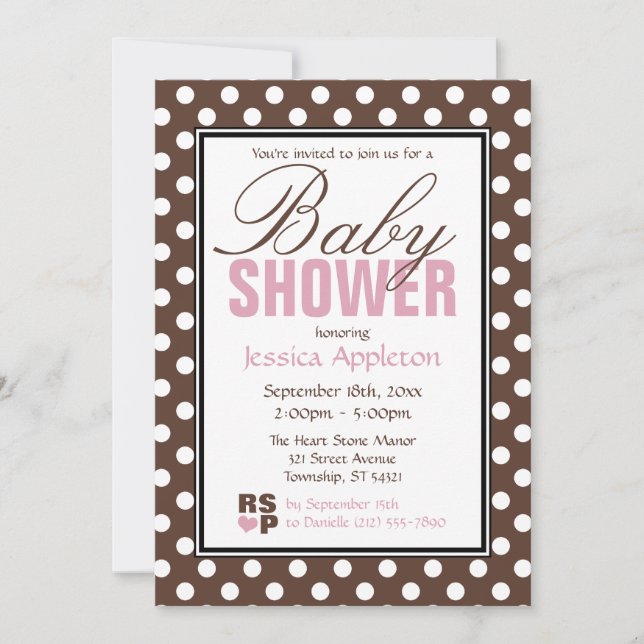 Braun Polka Dot Pink Babydusche Einladungen (Vorderseite)