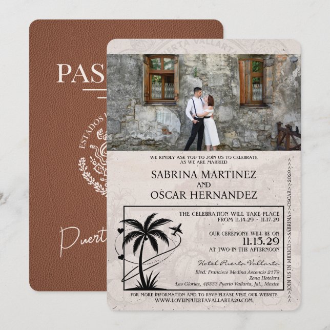 Braun Puerta Vallarta Passport Wedding Einladung (Vorne/Hinten)