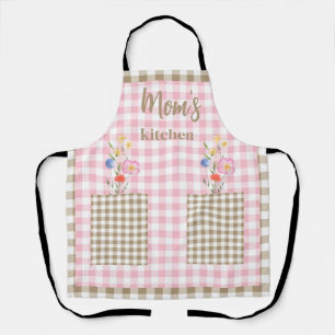 Braun & Rosa Gingham-Wildblumen-Mamas Küche II Schürze