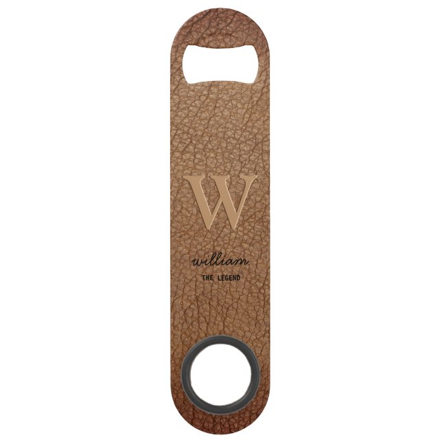 Braun rustikales Leder Monogram Stilschrift Name Speed Flaschenöffner (Vorderseite)
