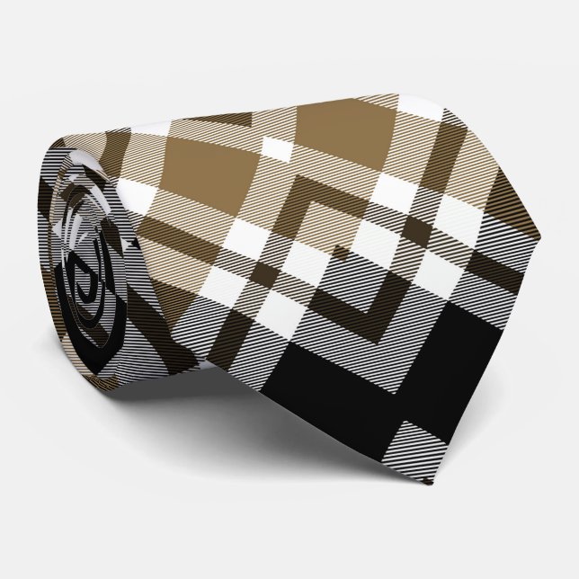 Braun, Schwarz, Kariertes Tartan-Muster Krawatte (Gerollt)