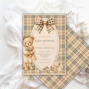 Braun-schwarzer Karo-Teddybär-Baby-Party Einladung
