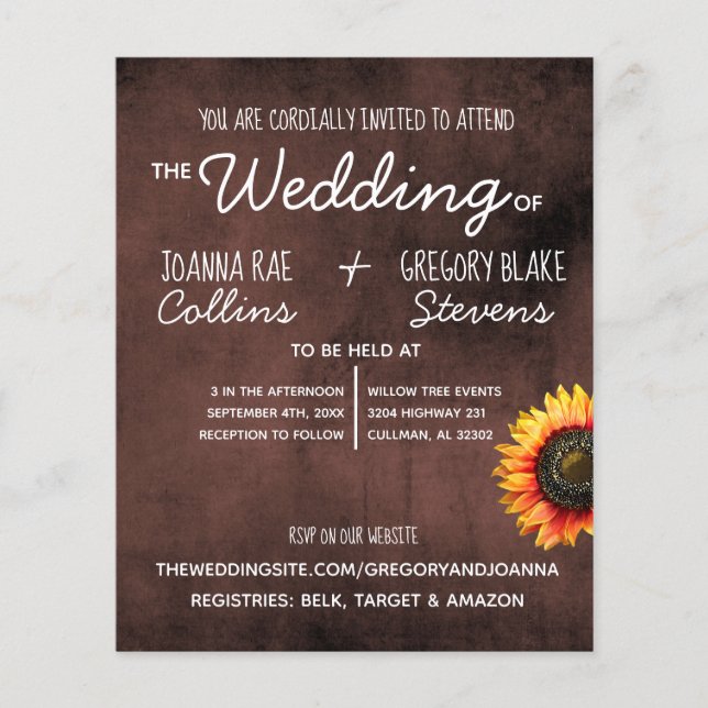 Braun Sonnenblume Hochzeitsfeier Flyer (Vorne)