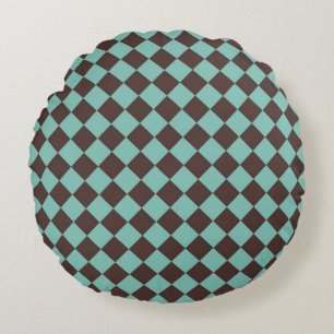 Braun-Teal-Schachbrett-Diamantmuster Rundes Kissen