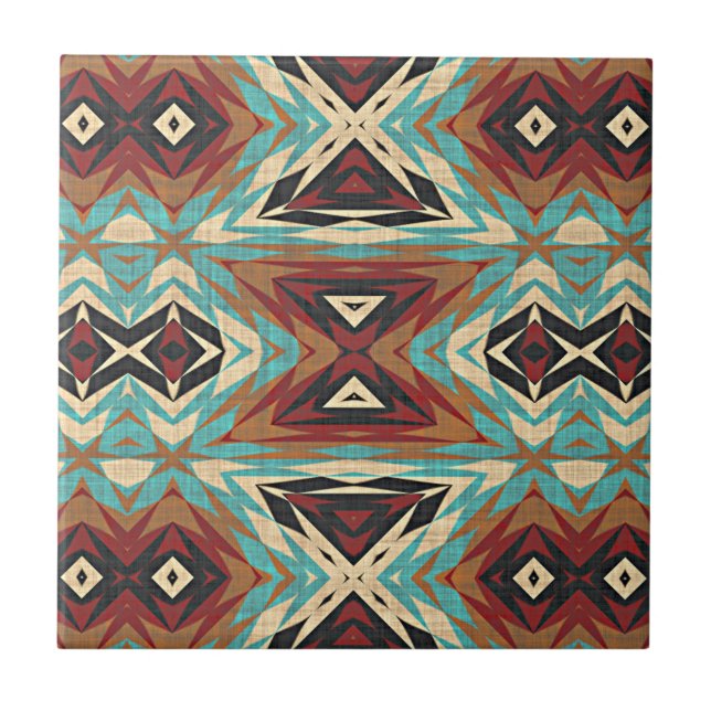 Braun Türkis Blue Green Orange Ethnic Stamm Art Fliese (Vorderseite)