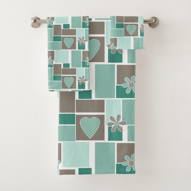 Braun Türkis Patchwork aus quadratischen Flicken  Badhandtuch Set (Insitu)