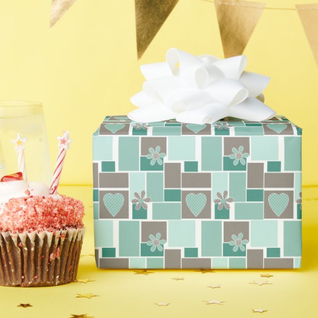 Braun Türkis Patchwork aus quadratischen Flicken  Geschenkpapier (Geburtstagsparty)