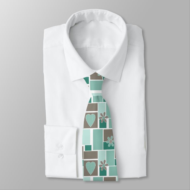 Braun Türkis Patchwork aus quadratischen Flicken  Krawatte (Gebunden)
