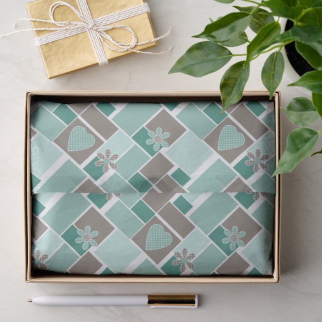 Braun Türkis Patchwork aus quadratischen Flicken  Seidenpapier (Geschenk)