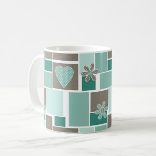 Braun Türkis Patchwork aus quadratischen Patches  Kaffeetasse