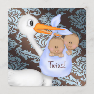Braun und Babyblau Damast-Zwillinge-Baby-Party Einladung