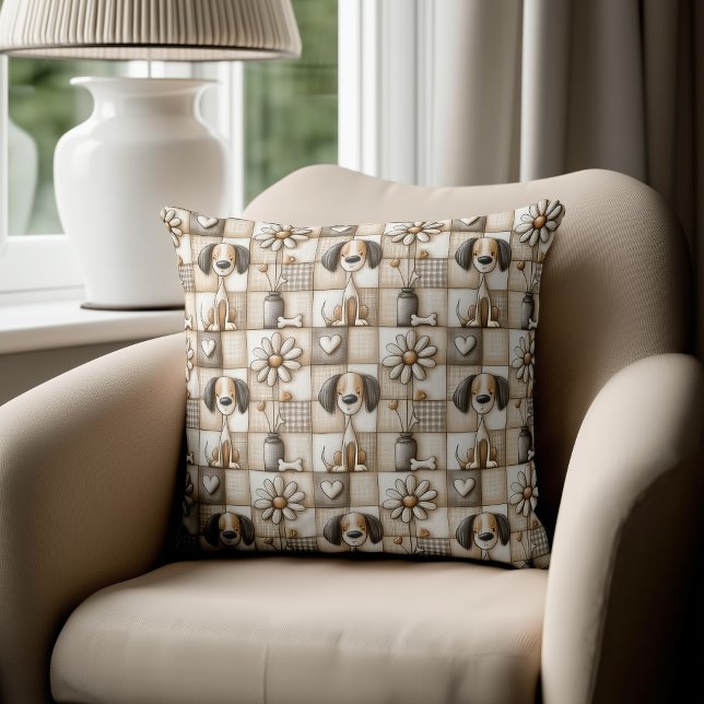 Braun und Beige Patchwork-Hundemuster Kissen (Von Creator hochgeladen)