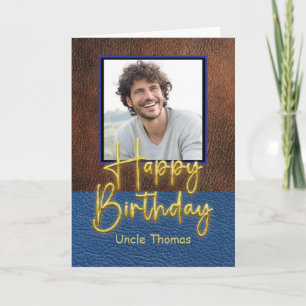 Braun und Blau Leder Gold Schrift Onkel Geburtstag Karte