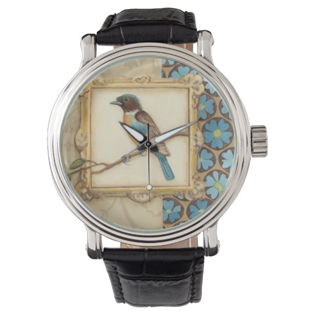Braun und Blauer Vogel auf einer Zweigstelle nach  Armbanduhr (Vorderseite)