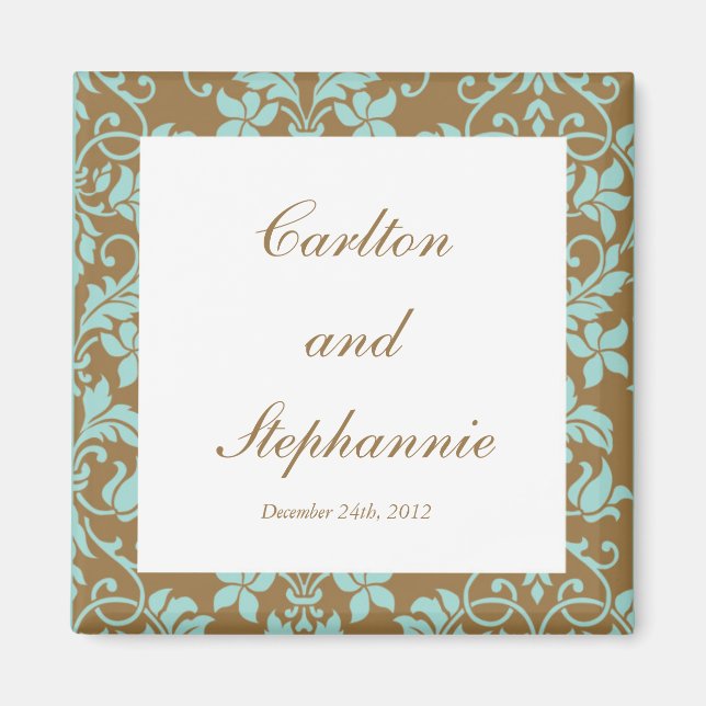 Braun und Blue Damask Wedding Magnet Favor (Vorne)