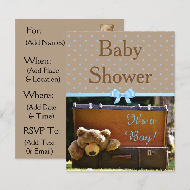 Braun und Blue Teddy Bear Baby Dusche Einladung (Vorne/Hinten)