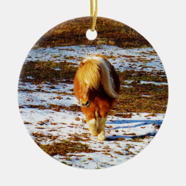 Braun und cremefarbenes Miniaturpferd im Schnee. Keramik Ornament (Vorne)