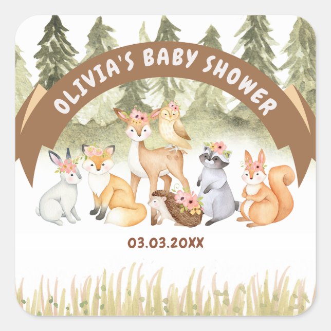 Braun- und Grünholztiere Kinderdusche Quadratischer Aufkleber (Vorderseite)