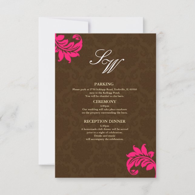 Braun-und Hot-Pink-Damask-Hochzeitskarte Einladung (Vorderseite)