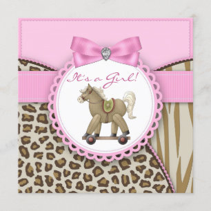 Braun- und rosa Schaukelpferd Baby Girl Shower Einladung