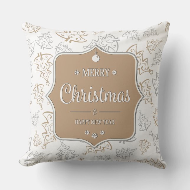 Braun und Silber Elegantes Weihnachtsbaummuster Kissen (Vorderseite)