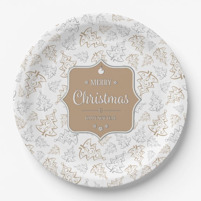 Braun und Silber Elegantes Weihnachtsbaummuster Pappteller (Vorderseite)