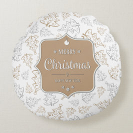 Braun und Silber Elegantes Weihnachtsbaummuster Rundes Kissen