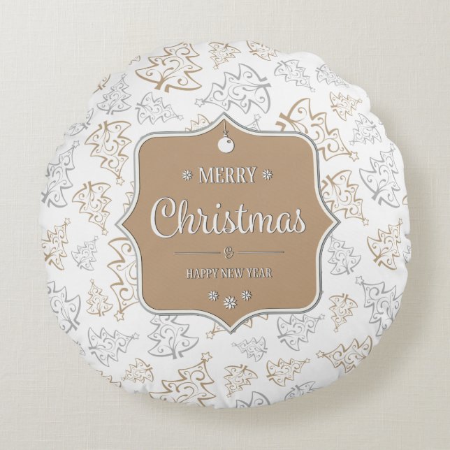 Braun und Silber Elegantes Weihnachtsbaummuster Rundes Kissen (Vorderseite)