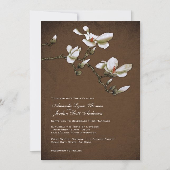 Braun und Weiße Magnolia Einladung zur Hochzeit (Vorderseite)