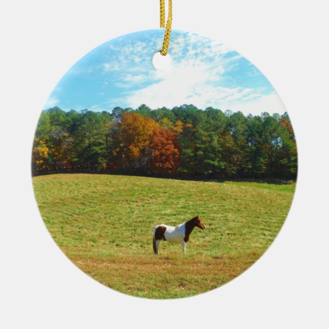 Braun- und Weißpferd, Herbstbäume, blauer Himmel Keramik Ornament (Vorne)