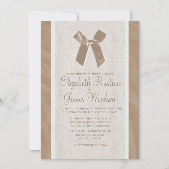 Braun Vintag Bow & Linen Hochzeitseinladungen Einladung (Vorderseite)