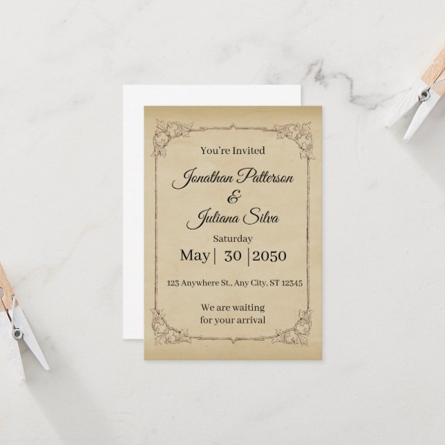 Braun Vintage Wedding Einladung (Vorderseite/Rückseite Beispiel)