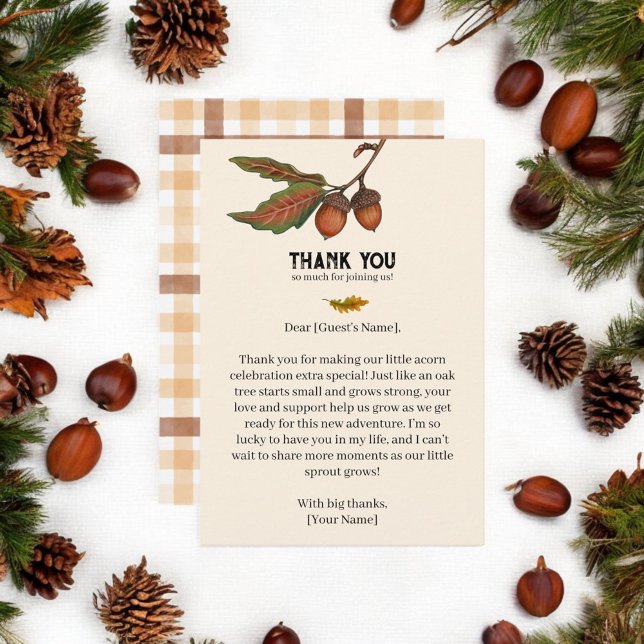 Braun Wasserfarbe Kariert Fall Acorn Babydusche Dankeskarte (Von Creator hochgeladen)