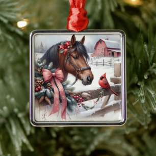 Braun Weihnachtsferd und Kardinal Ornament Aus Metall