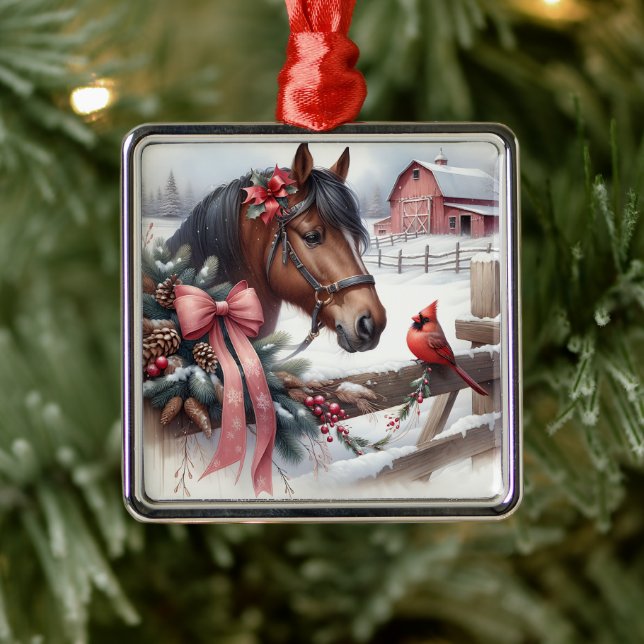 Braun Weihnachtsferd und Kardinal Ornament Aus Metall (Baum)