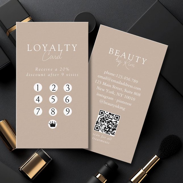 Braun & Weiß Minimal Salon QR-Code Treueprogramm Visitenkarte (Custom Brown & White Minimal Salon QR Code Loyalty Business Card)