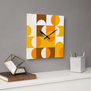 Braun Weiß Orange Gelb Halbkreise Muster Quadratische Wanduhr