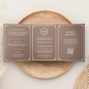 Braun-weiße Mocha-Monogramm-QR-Code-Hochzeit Dreifach Gefaltete Einladung