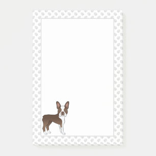 Braun-weißer Boston-Terrier-Cartoon-Hund & Pfoten Post-it Klebezettel