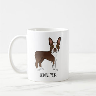 Braun-weißer Boston-Terrier-Cartoon-Hund und Name Kaffeetasse