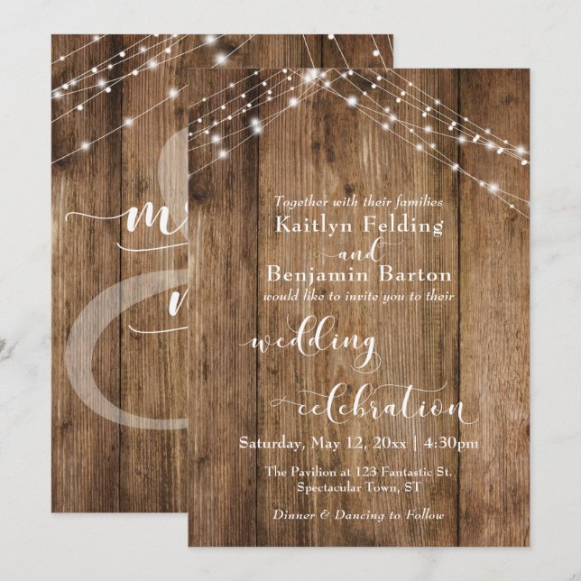 Braun Wood Lights Hochzeitssommer Kalligrafie Einladung (Vorne/Hinten)